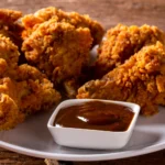 Nashville hot chicken tenders served on a plate, garnished with pickles and accompanied by white bread. The tenders showcase a crispy golden-brown exterior, highlighting their spicy seasoning with visible cayenne pepper flakes.