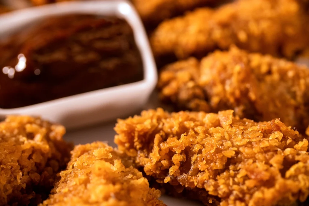 Nashville hot chicken tenders served on a plate, garnished with pickles and accompanied by white bread. The tenders showcase a crispy golden-brown exterior, highlighting their spicy seasoning with visible cayenne pepper flakes.