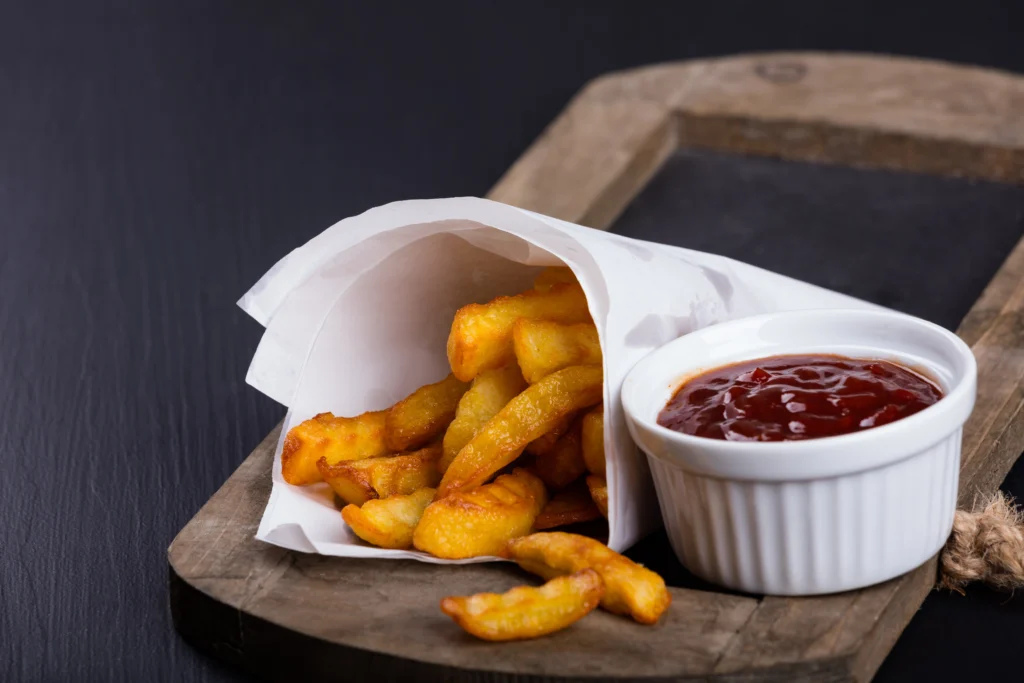 A plate of crispy sidewinder fries, showcasing their unique twisted shape, garnished with various seasonings and served with dipping sauces.