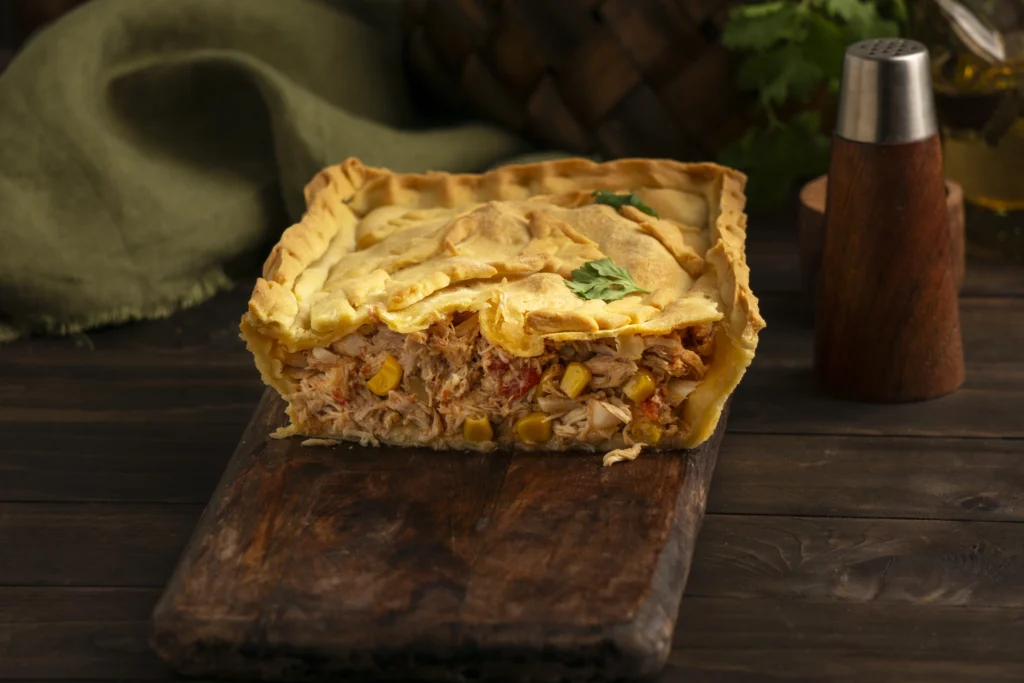 A golden-brown turkey pot pie topped with flaky puff pastry, filled with tender chunks of turkey, vibrant vegetables, and a creamy sauce, served warm and inviting on a rustic plate.