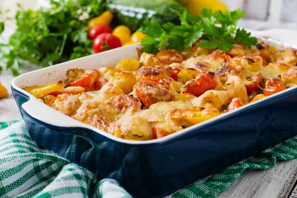 A delicious ground turkey casserole baked to golden perfection, topped with melted cheese and garnished with fresh herbs, served in a colorful dish on a wooden table.