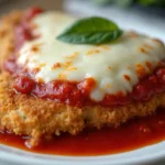 Delicious homemade chicken parmesan recipe with golden-brown breaded chicken, rich tomato sauce, melted mozzarella cheese, and fresh basil garnish.