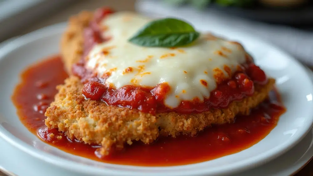 Delicious homemade chicken parmesan recipe with golden-brown breaded chicken, rich tomato sauce, melted mozzarella cheese, and fresh basil garnish.