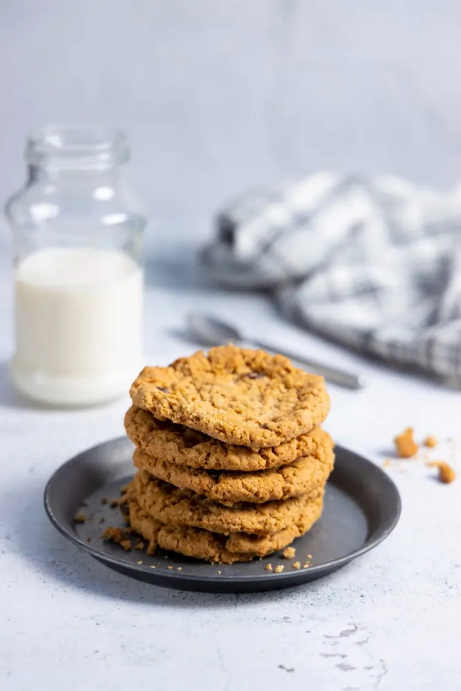 Golden-brown almond flour breakfast cookies with chocolate chips on a rustic plate, surrounded by almonds and cinnamon sticks